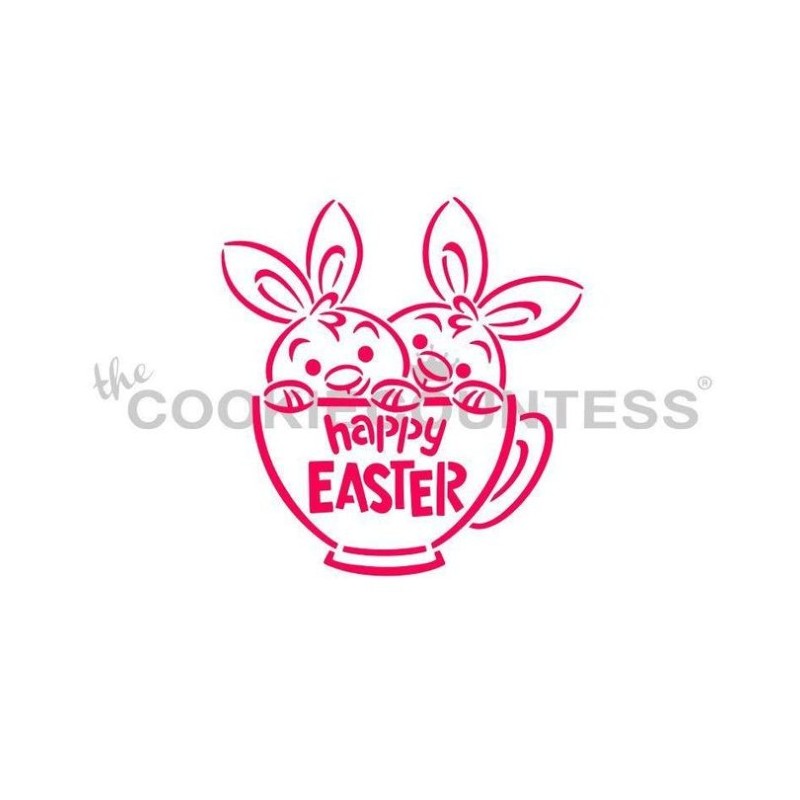 stencil conejitos gemelos en una taza de té - Cookie Countess