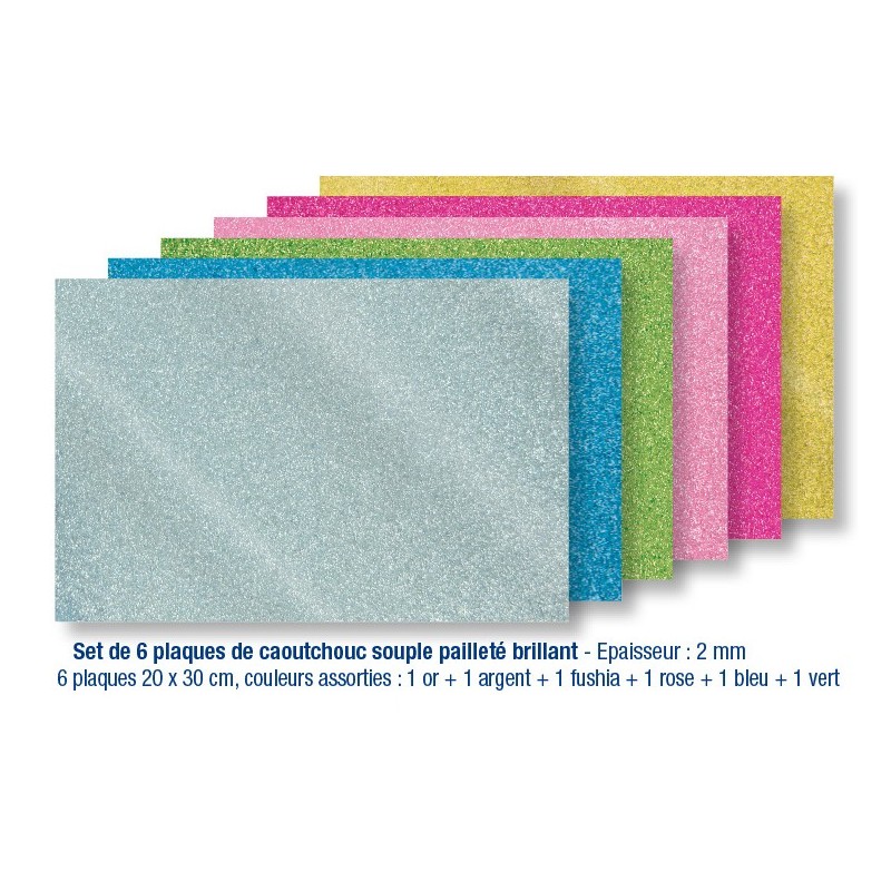 6 self-adhesive soft rubber plates, shiny glittery colors