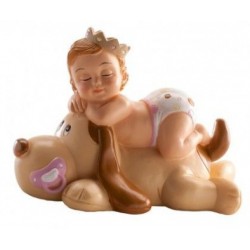 Figurine bambino che dorme con il cane - rosa - 9 x 7 cm