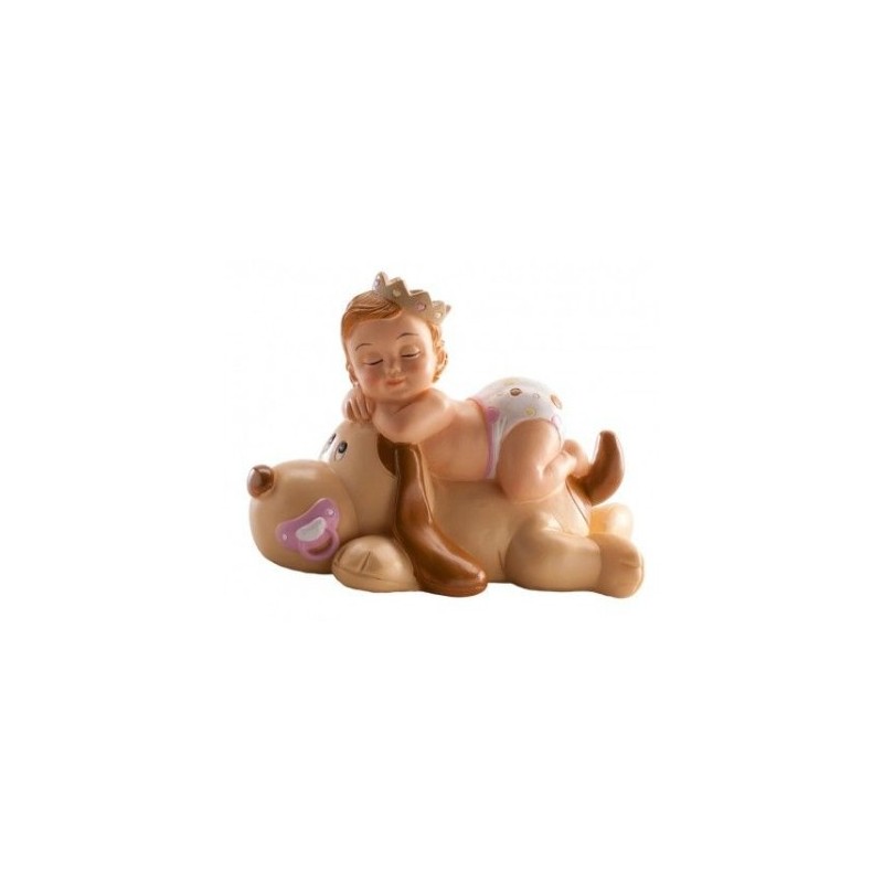 Figurine bébé dormant avec un chien - rose - 9 x 7 cm