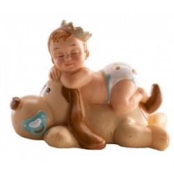 Figur Baby schläft mit Hund - blau - 9 x 7 cm