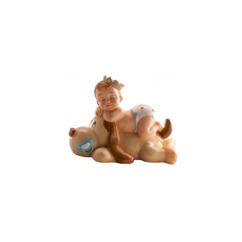 Figurine baby sleeping with dog - blue - 9 x 7 cm