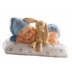 Figur Baby mit Stofftier - blau - 10 x 6 cm