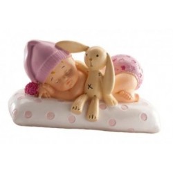 Figur Baby mit Stofftier - rosa - 10 x 6 cm