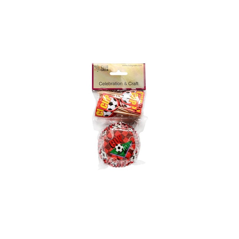 caissettes à cupcake  papier et piques - football - rouge - 50pcs - 5 x 3.5 cm - Club Green