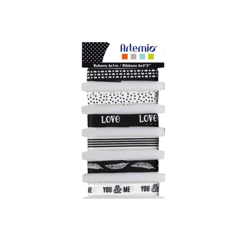 Fabric ribbons - Black & White - 1 cm x 1 m - 6 pcs - Artemio