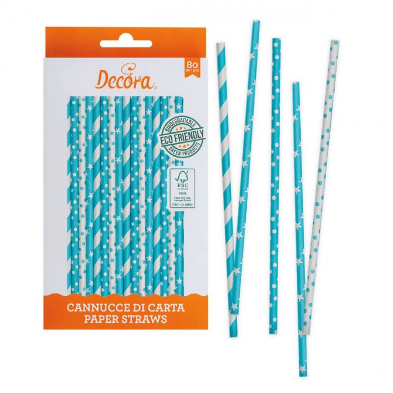 80 stars and sky blue polka dots straws - Decora