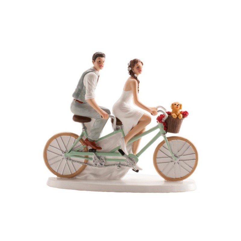 figurine couple de mariés à bicyclette - 16 x 18 cm