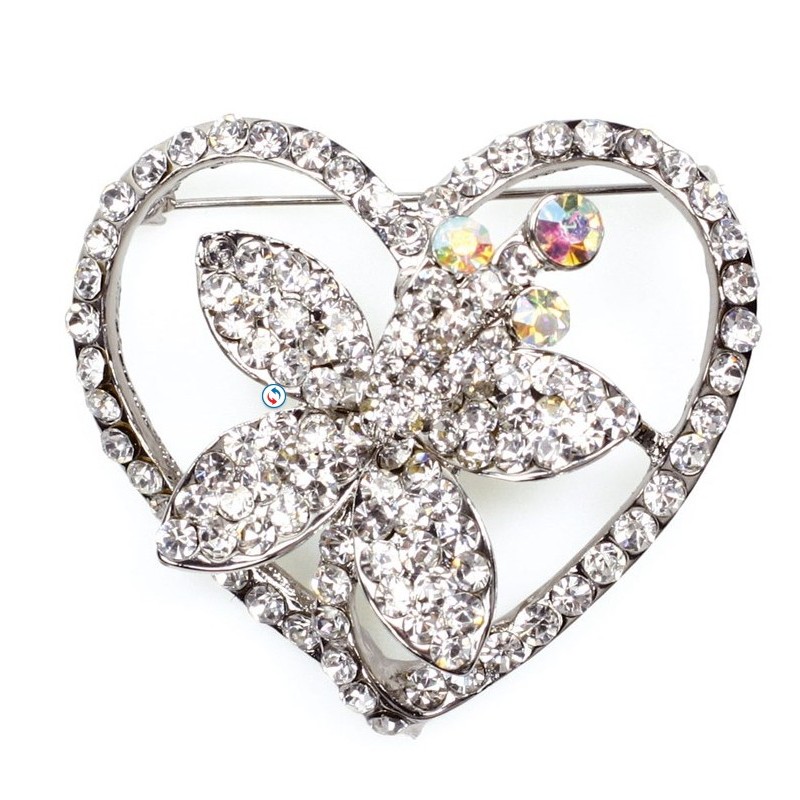 Flower Heart Diamante Brooch - Culpitt