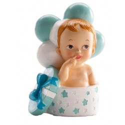 Figur - Baby blau - Geschenk und Luftballons - 10.5 cm