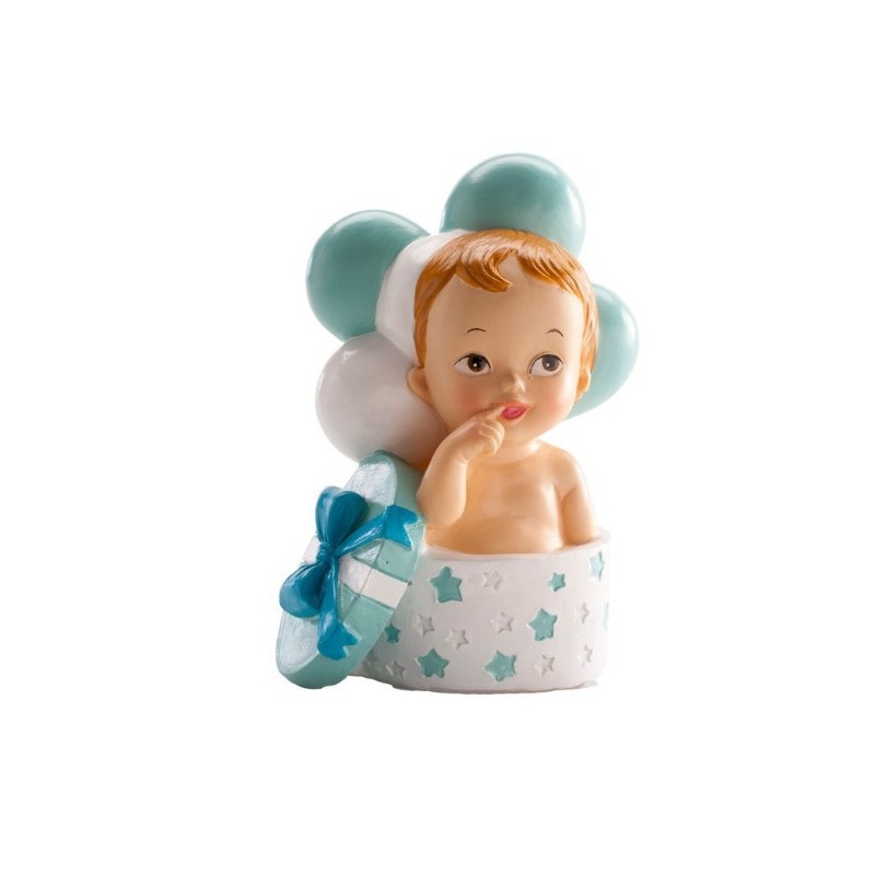 Figur - Baby blau - Geschenk und Luftballons - 10.5 cm