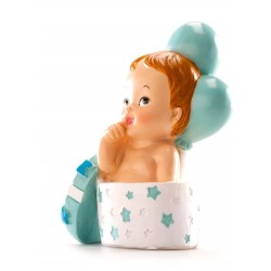 Figurita - Bebe azul - Regalo y globos - 10.5 cm