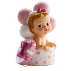 Figurita - Bebe rosa - Regalo y globos - 10.5 cm